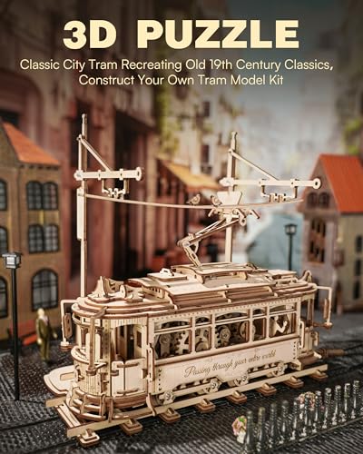 RoWood 3D Wooden Puzzles for Adults DIY Mechanical Tram Model Kit 3D Puzzles for Adults Wood Model Building Kit Model Kits Assembly Wooden Puzzles