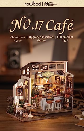 Rowood Miniature House Kit,Tiny House Kits to Build to Live in,DIY Wooden Crafts for Adults,Mini Model Kits with LED,Birthday for Teens(NO.17 Cafe) RoWood