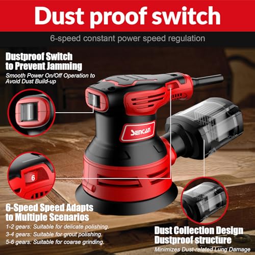SENCAN 280W Random Orbit Sander, 6 Variable Speed 5-Inch,4000-12000 RPM Electric Palm Sander with Transparent Dust Box,Efficiency Dust Collection SENCAN