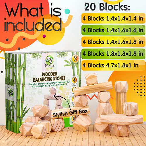 Panda Brothers Wooden Balancing Stones - Montessori Toys for 3 4 5 Year Old Kids and Toddlers Learning Sensory Toy, 20 Large Size Wooden Building - WoodArtSupply