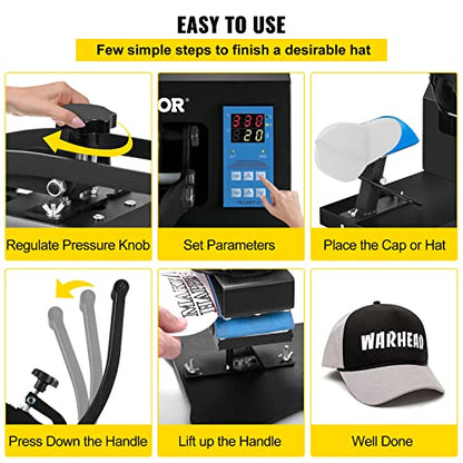 VEVOR Heat Press 6x3.75Inch Curved Element Hat Press Clamshell Design Heat Press for Hats Rigid Steel Frame No Stick Digital LCD Timer and