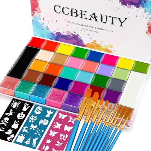 CCbeauty 36 Colors Face Body Paint Oil, Hypoallergenic Face Painting Kit Professional for Kids Party with 30 Stencils + 10 Brushes for Halloween SFX CCbeauty