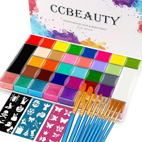 CCbeauty 36 Colors Face Body Paint Oil, Hypoallergenic Face Painting Kit Professional for Kids Party with 30 Stencils + 10 Brushes for Halloween SFX CCbeauty