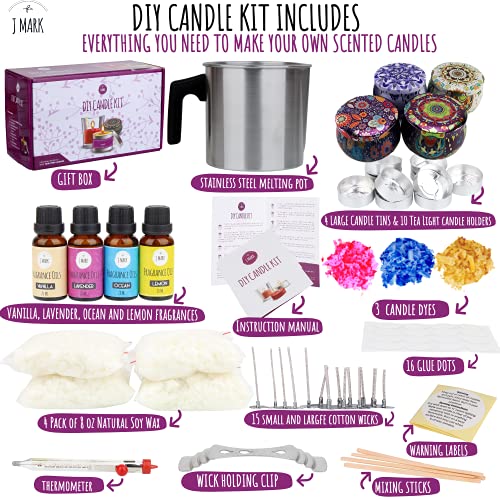 J MARK DIY Candle Making Kit for Adults – 66 Pcs Candle Making Kit with Melter, Decorative Candle Tins, Natural Soy Wax, Dye, Fragrance Oils, Cotton J MARK