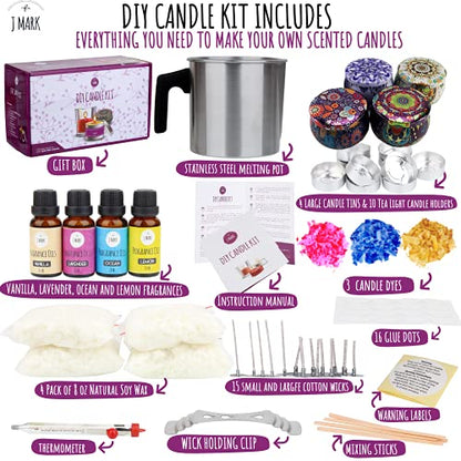 J MARK DIY Candle Making Kit for Adults – 66 Pcs Candle Making Kit with Melter, Decorative Candle Tins, Natural Soy Wax, Dye, Fragrance Oils, Cotton