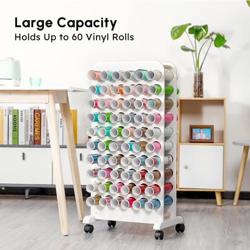Crafit Mobile Vinyl Roll Holder, 60 Compartment Vinyl Storage Organizer with Locking Caster Wheels, Wooden Vinyl Roll Storage Cart Rack Craft Vinyl Crafit