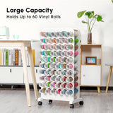 Crafit Mobile Vinyl Roll Holder, 60 Compartment Vinyl Storage Organizer with Locking Caster Wheels, Wooden Vinyl Roll Storage Cart Rack Craft Vinyl Crafit