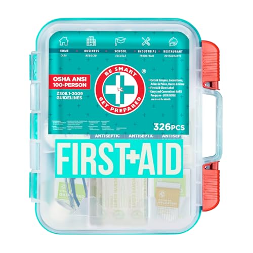 Be Smart Get Prepared First Aid Kit, Teal, 326 Piece, Exceeds OSHA and ANSI Guidelines 100 People - Office, Home, Car, School, Emergency, Survival, Be Smart Get Prepared