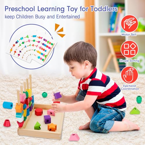 TooyBing Montessori Wooden Lacing Beads Toys for 2 3 4 Year Old Toddler Kids, Sequencing & Stacking Block Toy with Storage Box, STEM Preschool TooyBing