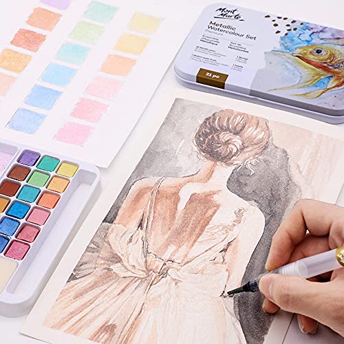 MONT MARTE Premium Metallic Watercolor Cake Set, 21 Piece, 18 Colors, 1 Water Brush, 1 Sponge, 4 Mixing Wells - WoodArtSupply