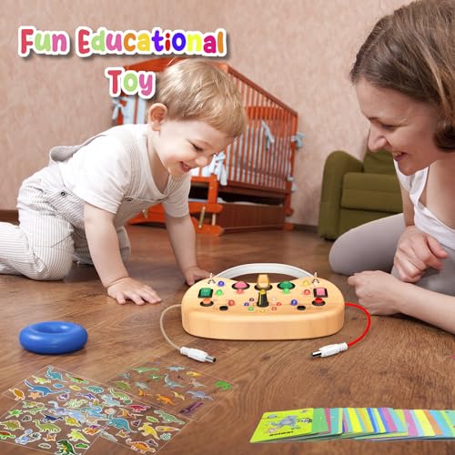 Montessori Busy Board for Baby, Busy Board for Toddlers Toys, Wooden Autism Sensory Toys with Animal Cards, Dinosaur Stickers, Toddler Educational