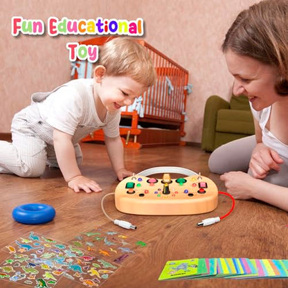 Montessori Busy Board for Baby, Busy Board for Toddlers Toys, Wooden Autism Sensory Toys with Animal Cards, Dinosaur Stickers, Toddler Educational