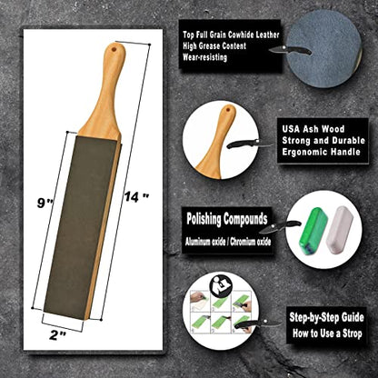 LAVODA Leather Strop for Knife Sharpening with Polishing Compound Paddle Strop Double-sided Strop Kit 14" x 2" Knife Stropping Block for Honing