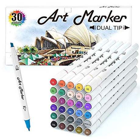 Lelix 30 Colors Art Markers, Dual Tip Permanent Marker Pens Highlighters Perfect for Kids Adults Artist Drawing Sketching Card Making & Coloring Lelix