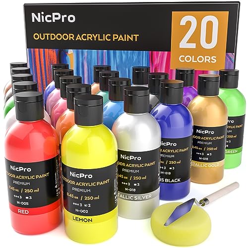 Nicpro 20 Colors Large Bulk Outdoor Acrylic Paint Set (8.45 oz, 250 ml) Rich Art Painting Supplies, Non Toxic for Multi Surface Canvas Rock Wood Nicpro