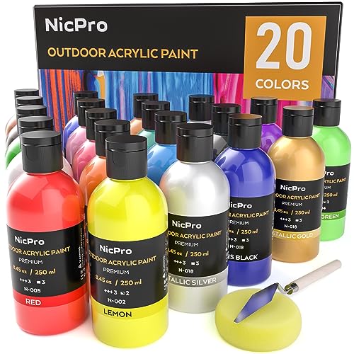 Nicpro 20 Colors Large Bulk Outdoor Acrylic Paint Set (8.45 oz, 250 ml) Rich Art Painting Supplies, Non Toxic for Multi Surface Canvas Rock Wood