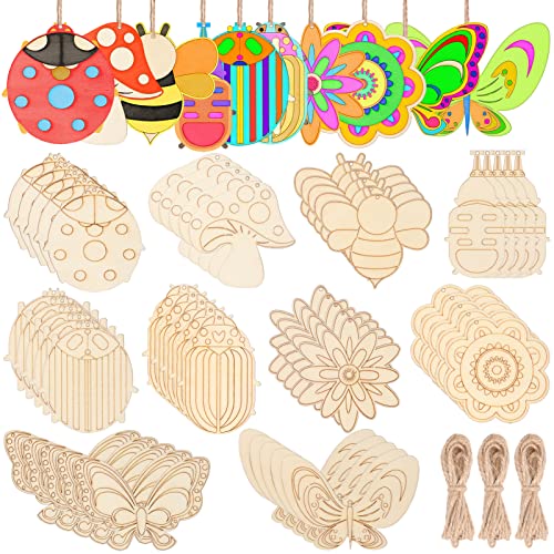 60Pcs Wood Cutouts Ornaments for Crafts Butterfly Flower Unfinished Wooden Slices DIY Paint Crafts Blank Hanging Embellishment for Kids Painting
