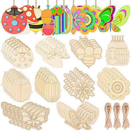 60Pcs Wood Cutouts Ornaments for Crafts Butterfly Flower Unfinished Wooden Slices DIY Paint Crafts Blank Hanging Embellishment for Kids Painting HooAMI