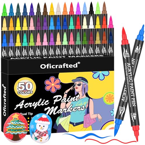 Oficrafted 50 Colors Acrylic Paint Pens Markers, Dual Tip Acrylic Markers with Fine Tip and Brush Tip, Premium Acrylic Paint Pens Set for Rock, Wood,