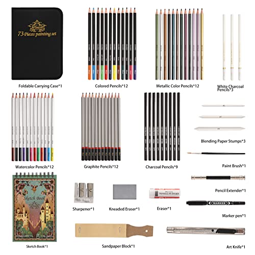 Tioucd 73 Pcs Drawing Kit Professional Art Supplies Drawing Set with  Graphite Charcoal Colored Watercolor Metallic Pencils Sketchbook for Drawing  Arts Set for Adults Teens Artists Beginners