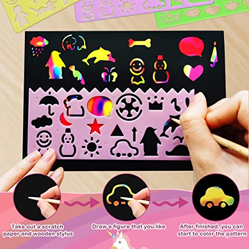RMJOY Rainbow Scratch Paper Sets: 60pcs Magic Art Craft Scratch Off Papers Supplies Kits Pad for Age 3-12 Kids Girl Boy Teen Toy Game Gift for