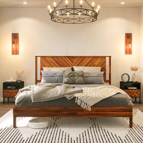 Bme Vivian 14 Inch Rustic Golden Brown Deluxe Bed Frame with Herringbone Headboard - WoodArtSupply