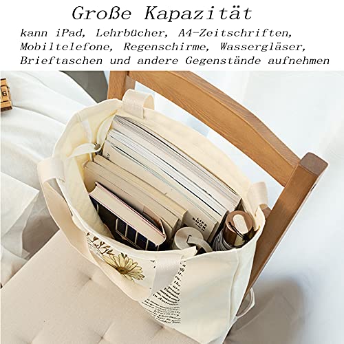 BROADREAM Canvas Tote Bag Aesthetic - Zippered Book Tote Bag with Interior Pocket by Cute Shoulder Tote Bags for Women Shopping & Travel - Best Gift - WoodArtSupply