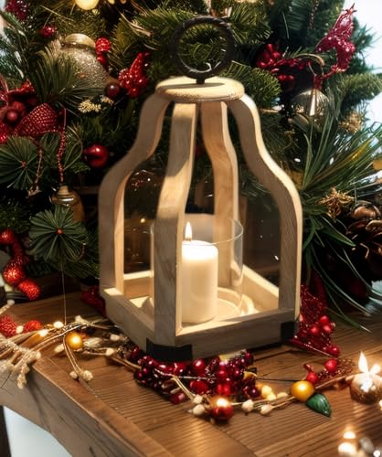 SwallowLiving 13" Rustic Farmhouse Wood Candle Hurricane Lantern with Glass Candlestick Holder for Patio, Table Centerpiece, White SwallowLiving
