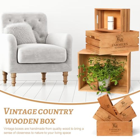 Barydat Set of 5 Wood Crates for Vintage Decorative Display Wooden Boxes Farmhouse Style Nesting Wooden Crates with Open Handles Storage Decorative Barydat