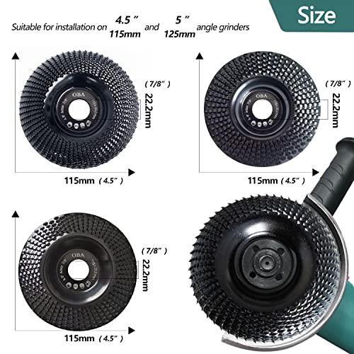 OBA Wood Carving Disc Set 3 PCS 4-1/2" Wood Grinding Wheel Sets with 7/8" Arbor for Angle Grinder Grinding and Polishing OBA