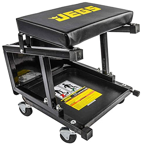 JEGS Mechanic Seat and Step Stool | 300 LBS Capacity | Padded Seat | Black Logo | Heavy-Duty Construction | Comfortable and Ergonomic Design | JEGS
