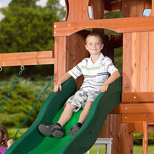 Backyard Discovery Shenandoah All Cedar Wooden Playset Swing Set with 2 Belt Swings, Trapeze Bar, 10 ft Wave Slide, Covered Upper and Lower