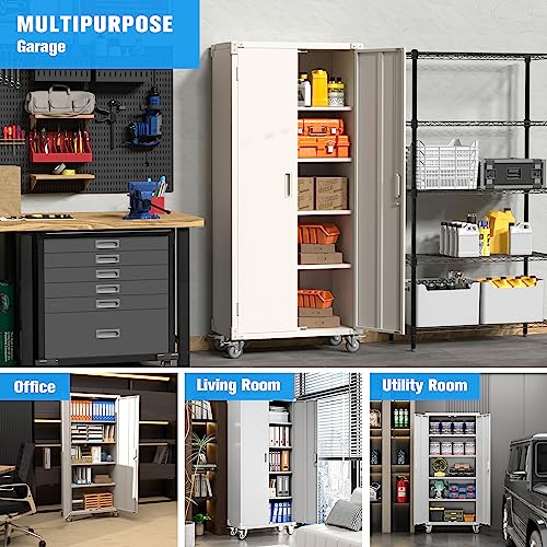 Aobabo Metal Storage Cabinet with Wheels,Heavy Duty Office Storage Cabinet with Lock,Steel Cabinet with 2 Doors and 4 Adjustable Shelves for Office Aobabo