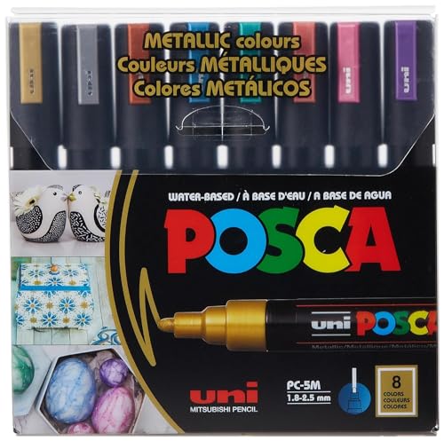 Posca PC-5M Water Based Permanent Marker Paint Pens, Set of 8 (Metallic Colors)