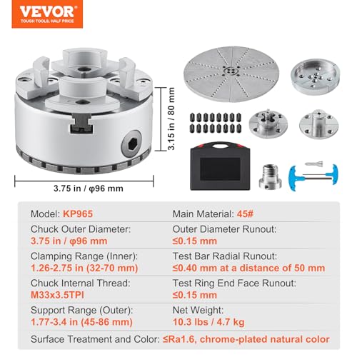 VEVOR KP965 Lathe Chuck, 4-Jaw 3.75" Diameter, Metal Lathe Chuck Turning Machine Accessories with 5 Sets of Jaws, Self-centering Tool, for Precision - WoodArtSupply