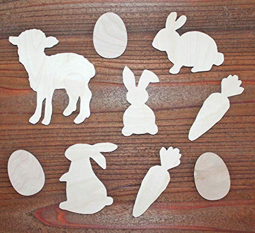 9Piece Easter Lamb Bunny Carrot Egg Set Unfinished Wood Cutout Shapes Crafts