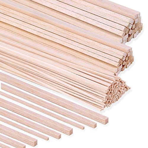 222 Pieces Wood Strips Balsa Square Wooden Dowels 1/8 Inch, 3/16 Inch, 1/4 Inch, Square Dowel Rods 12 Inch Hardwood Unfinished Wood Sticks for Crafts Piklodo