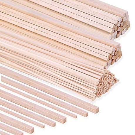 222 Pieces Wood Strips Balsa Square Wooden Dowels 1/8 Inch, 3/16 Inch, 1/4 Inch, Square Dowel Rods 12 Inch Hardwood Unfinished Wood Sticks for Crafts Piklodo