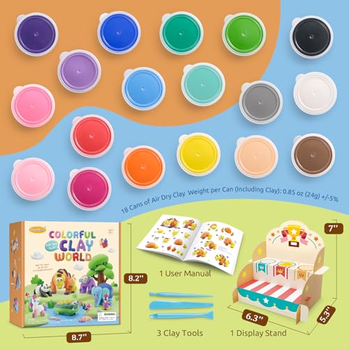 Drama Planet Air Dry Clay Kit for Kids - Comes with Instructional Guide Featuring 4 Scenes & 26 Projects Tutorials, 18 Cans of Modeling Clay, Drama Planet