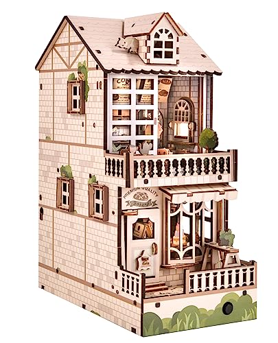 DIY Book Nook Kit, 3D Wooden Puzzle Bookshelf Insert Diorama Kit with LED, DIY Bookend Miniature Model Kits Crafts Hobbies Gifts for Adults and Kids