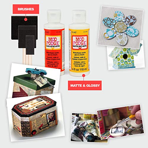 Mod Podge Decoupage Starter Kit, Gloss and Matte Medium with 3 Pixiss Foam Brushes, Waterproof for Puzzles, Wood and More GrandProducts Art Bundles