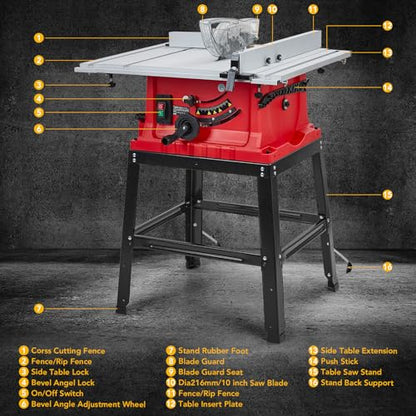 Table Saw, 10 Inch 15A Multifunctional Saw with Stand & Push Stick, 90° Cross Cut & 0-45° Bevel Cut, 5000RPM, Adjustable Blade Height for Woodworking