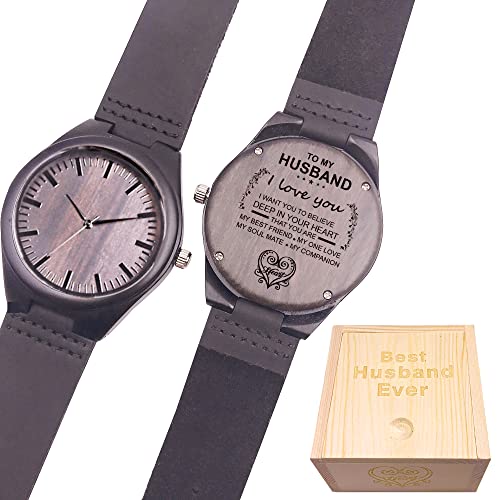 WASTIME Customized Engraved Wooden Watch, Casual Handmade Wood Watch for Men Women Husband Wife Dad Mom Son Family (C- Love Husband) - WoodArtSupply