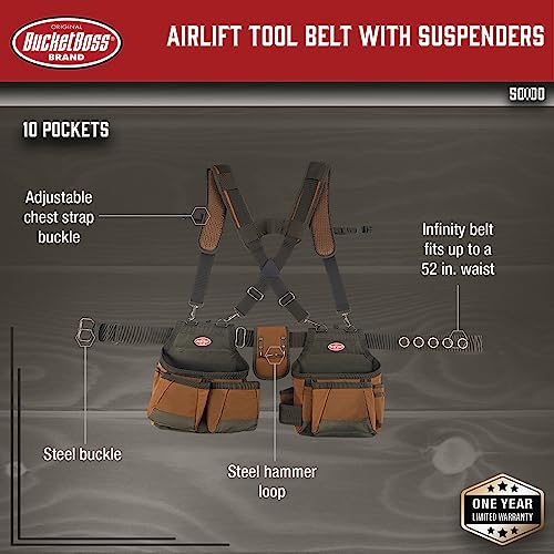 Bucket Boss - AirLift Tool Belt with Suspenders, Tool Belts - Original Series (50100) with 12 pockets, Brown , 52 Inch Bucket Boss