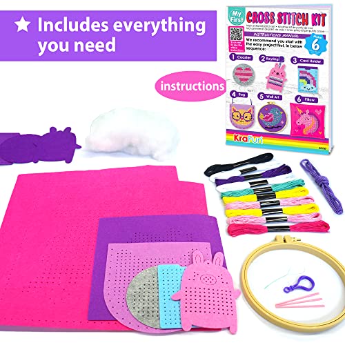 KRAFUN Beginner My First Cross Stitch Kit for Kids Arts & Crafts, 6 Easy Projects of Felt Keyring, Bag, Pillow Craft, Instructions, Gift for Girls - WoodArtSupply