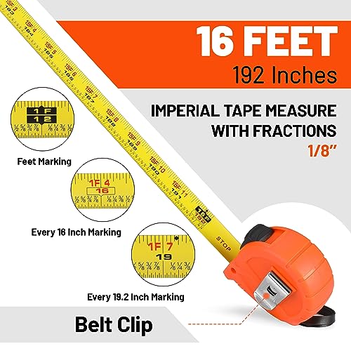 ValueMax Tape Measure 16FT with Fractions 1/8, 3 Pack Retractable Easy Read Measuring Tape, Imperial Pocket Measurement Tape with Metal Belt Clip for - WoodArtSupply