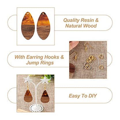 FASHEWELRY Resin Wood Earring Kit with 24Pcs Teardrop Wooden Resin Earring Charms Wood Earring Blanks Earring Findings Open Jump Rings French Earring