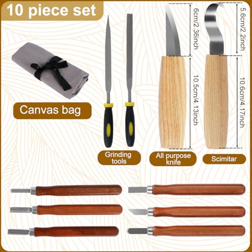 10Pcs Wood Carving Knife Set Beginner Kit, Wooden Handle Carving Cutter Set with Protective Cover, Hand Wood Whittling Kit, Sharp Chrome Vanadium - WoodArtSupply