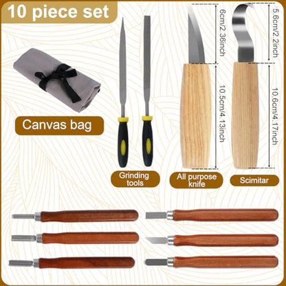 10Pcs Wood Carving Knife Set Beginner Kit, Wooden Handle Carving Cutter Set with Protective Cover, Hand Wood Whittling Kit, Sharp Chrome Vanadium - WoodArtSupply