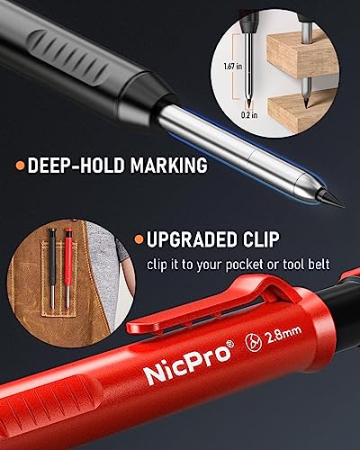 Nicpro 6 Pack Carpenter Pencil with Sharpener,Mechanical Pencils Set 54PCS Refills(Black,Red,Yellow,Blue,Green,White) Deep Hole Marker Construction Nicpro